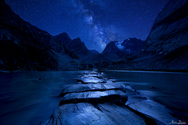Blue-Toned Night View of Lac des Vaches with the Milky Way above the Grande Casse